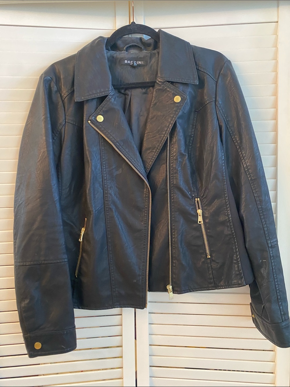 Baccini Black Faux Leather Asymmetrical Zip Jacket with Gold Hardware